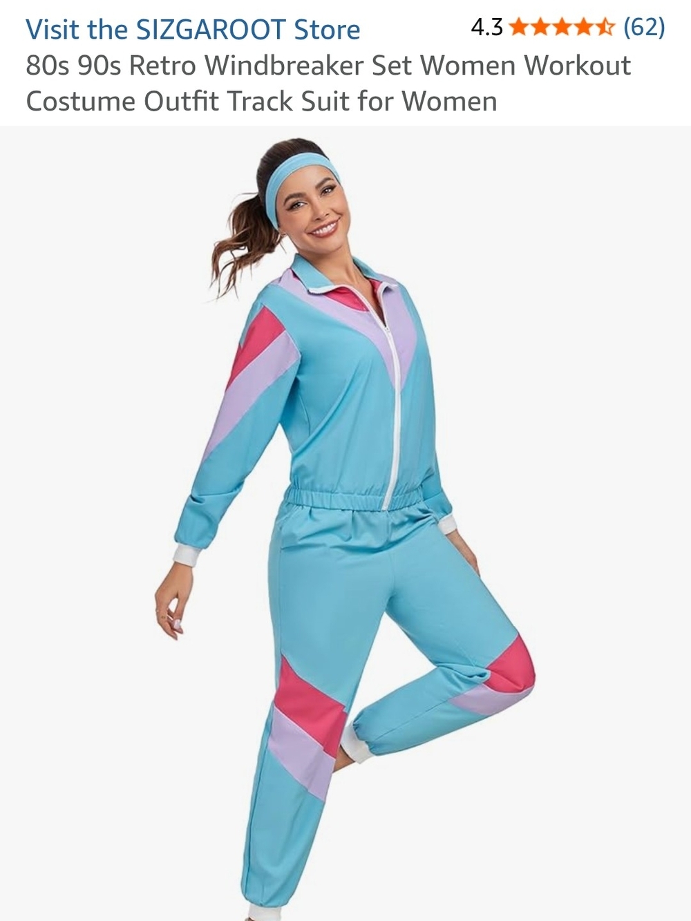 Retro 80s-90s Aqua Windbreaker Track Suit with Pink & Lavender (No Head Band)